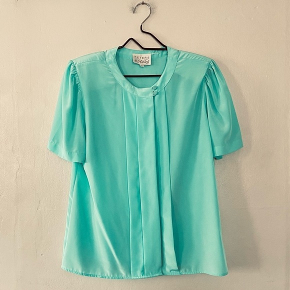 Peters & Ashley Aqua Blue Vintage Blouse Size 12 Short Sleeves Shoulder Pads - Picture 11 of 11